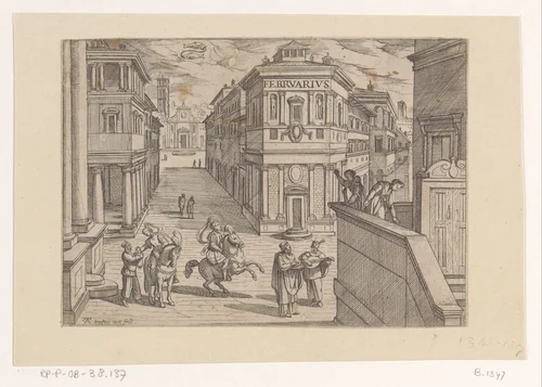 Februari: stadsgezicht met serenade (vissen) by Unknown, print, 1575-1613