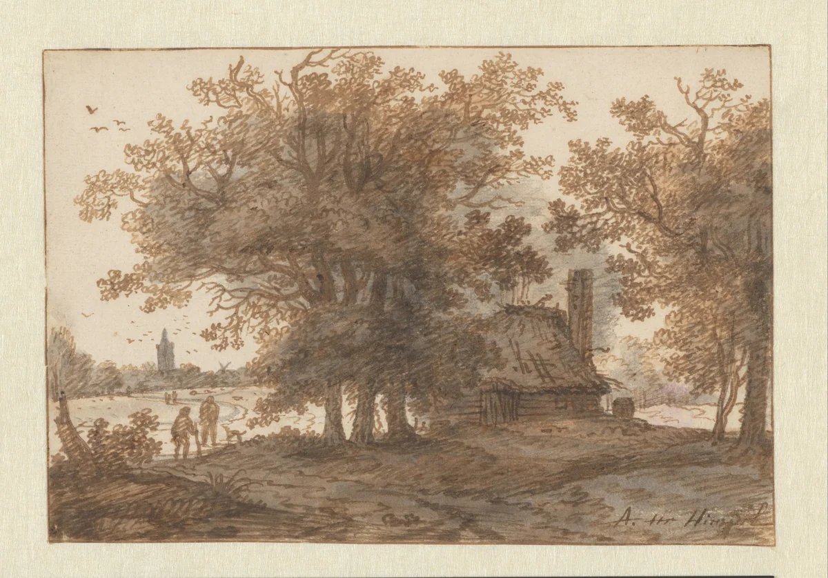Landschap met een huis tussen bomen by Aarnout ter Himpel, drawing, 1644-1686