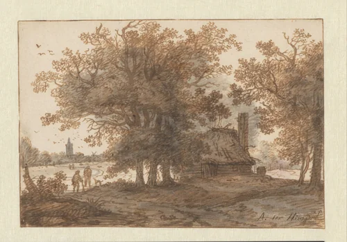 Landschap met een huis tussen bomen by Aarnout ter Himpel, drawing, 1644-1686
