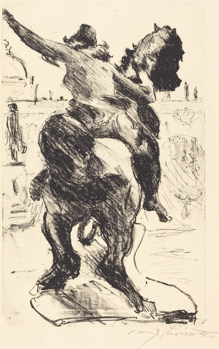 Amazonenstatue auf der Freitreppe des Alten Museums (Statue of an Amazon at the Alte Museum) by Lovis Corinth, print, 1916