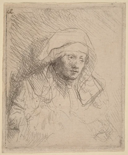 Sick Woman with a Large White Headdress (Saskia) by Rembrandt van Rijn, print, 1641-1642