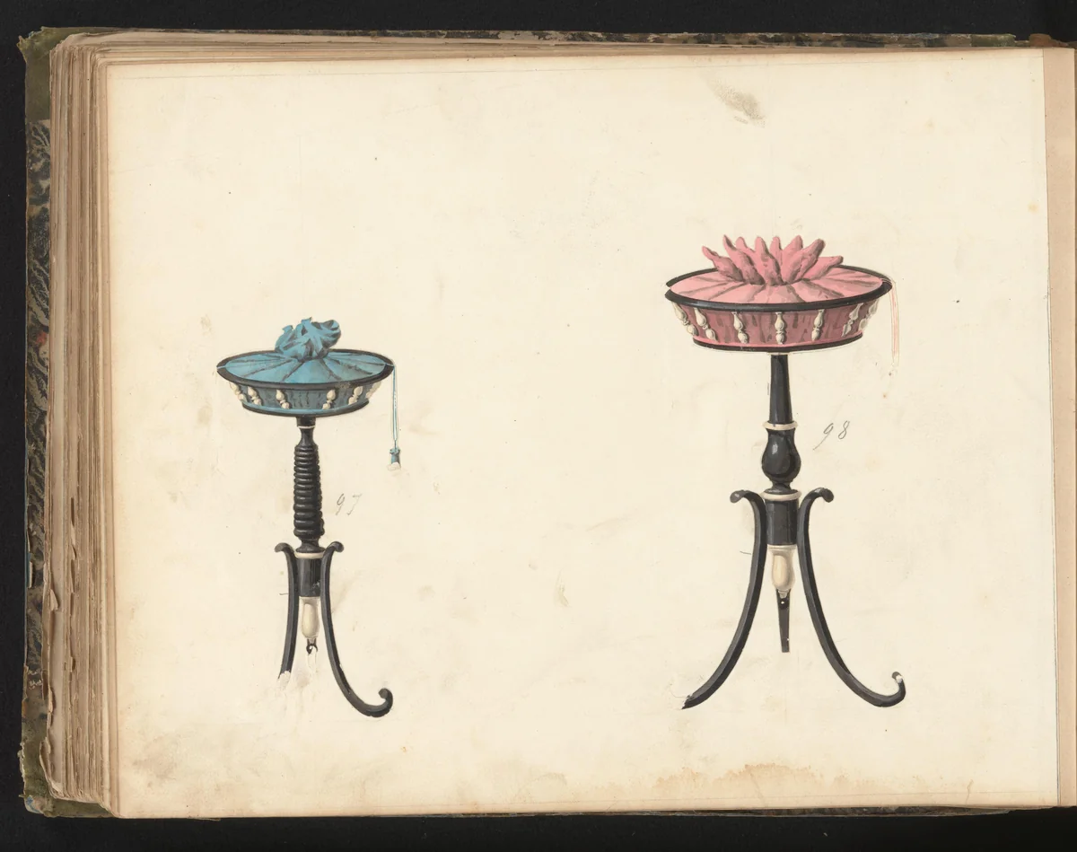 Twee ontwerpen voor een mand voor kinderspeeltjes by anonymous, drawing, 1825-1839