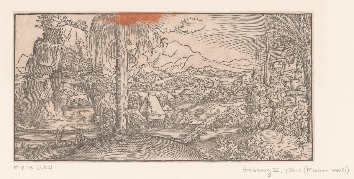 Landschap met Christus en de Emmaüsgangers by Virgilius Solis, print, 1524-1562