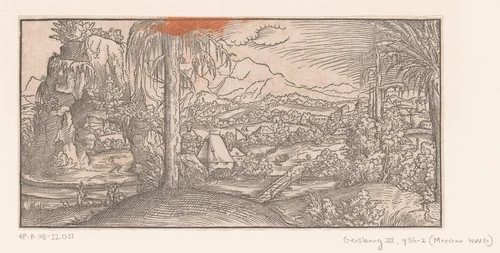 Landschap met Christus en de Emmaüsgangers by Virgilius Solis, print, 1524-1562
