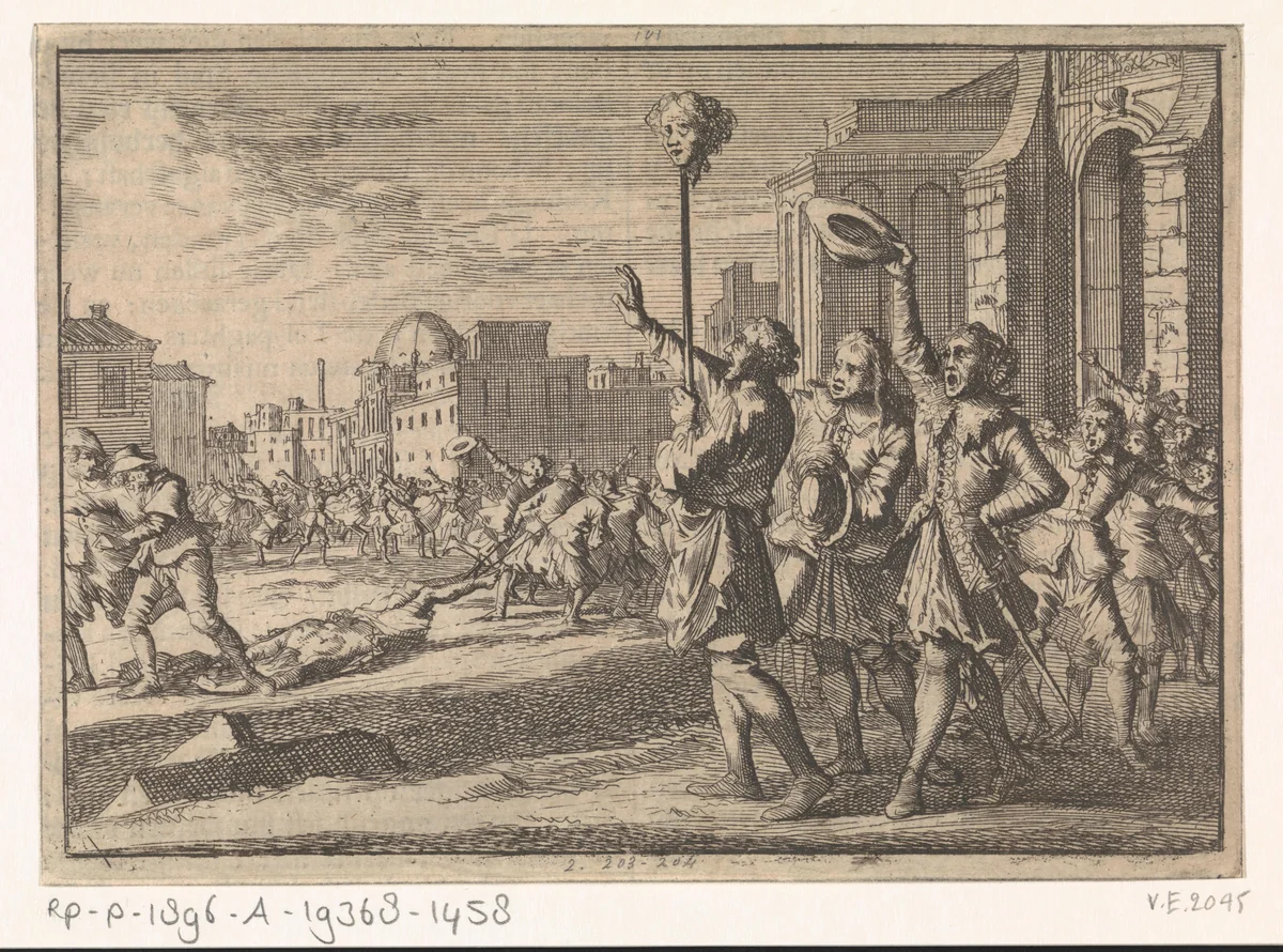 Hoofd van de gedode Masaniello wordt te Napels op een piek rondgedragen, 1647 by Caspar Luyken, print, 1698