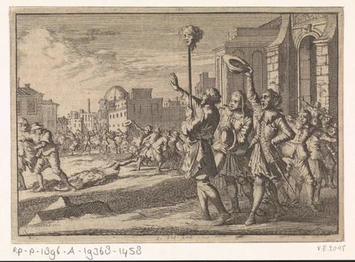 Hoofd van de gedode Masaniello wordt te Napels op een piek rondgedragen, 1647 by Caspar Luyken, print, 1698