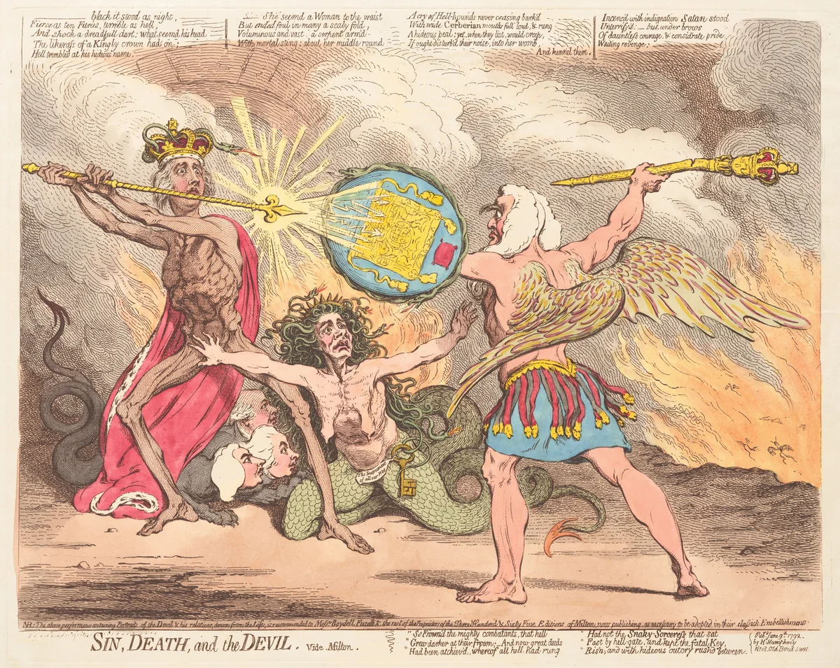 Sin, Death, and the Devil, vide Milton by James Gillray, print, 1792