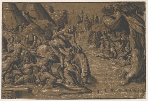 Cloelia the Roman hero in the centre being helped onto a horse, Rome in the background, by Niccolò Vicentino, print, 1540-1550