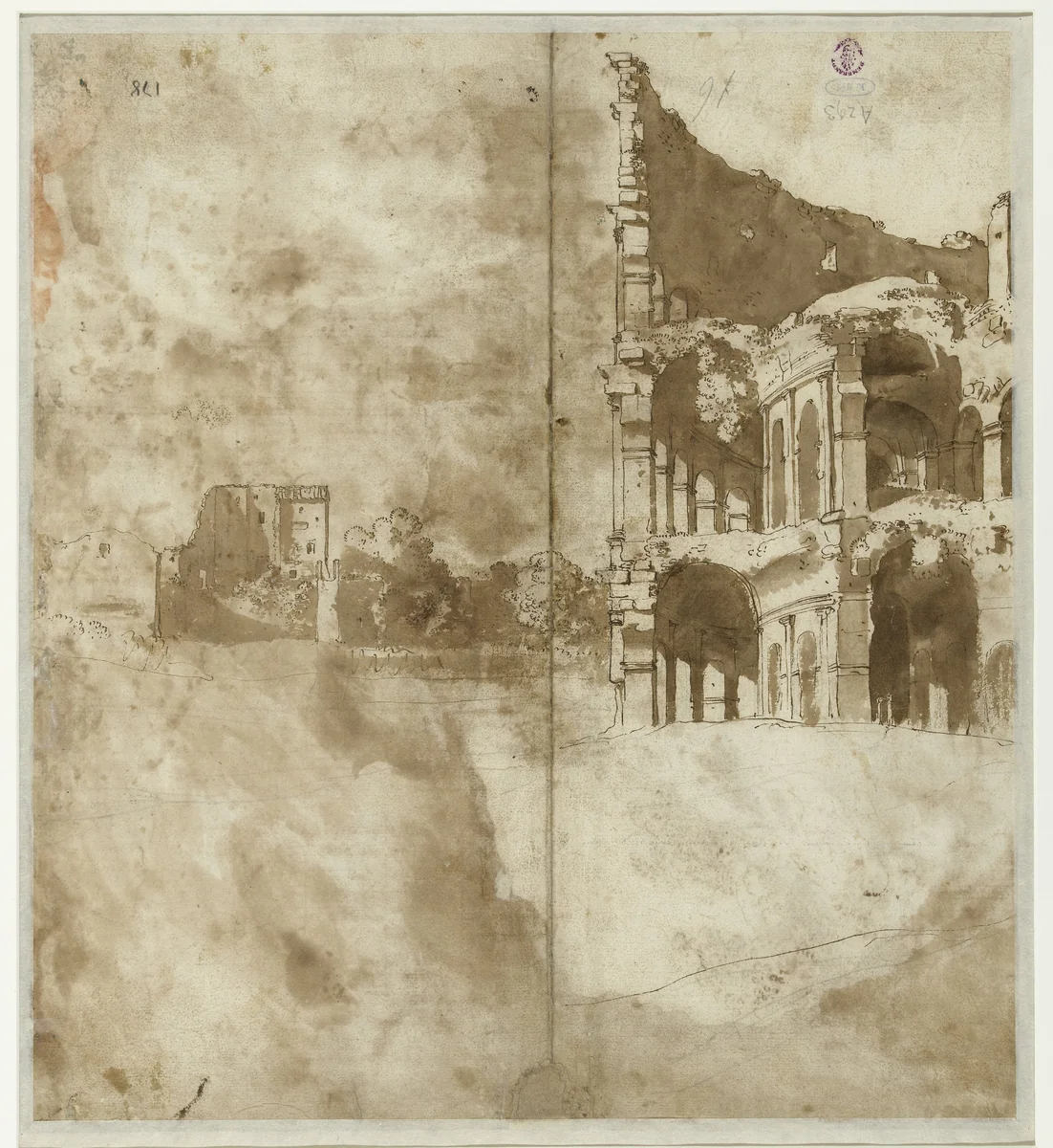 Gezicht op het Colosseum te Rome by Cornelis van Poelenburch, drawing, 1596-1667