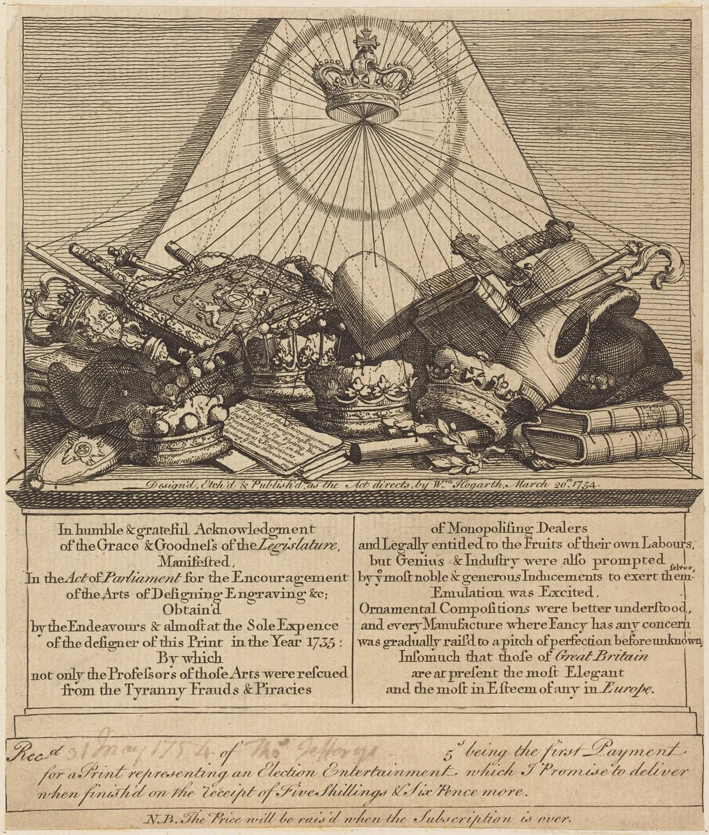 Crowns, Mitres, Maces, Etc. by William Hogarth, print, 1754