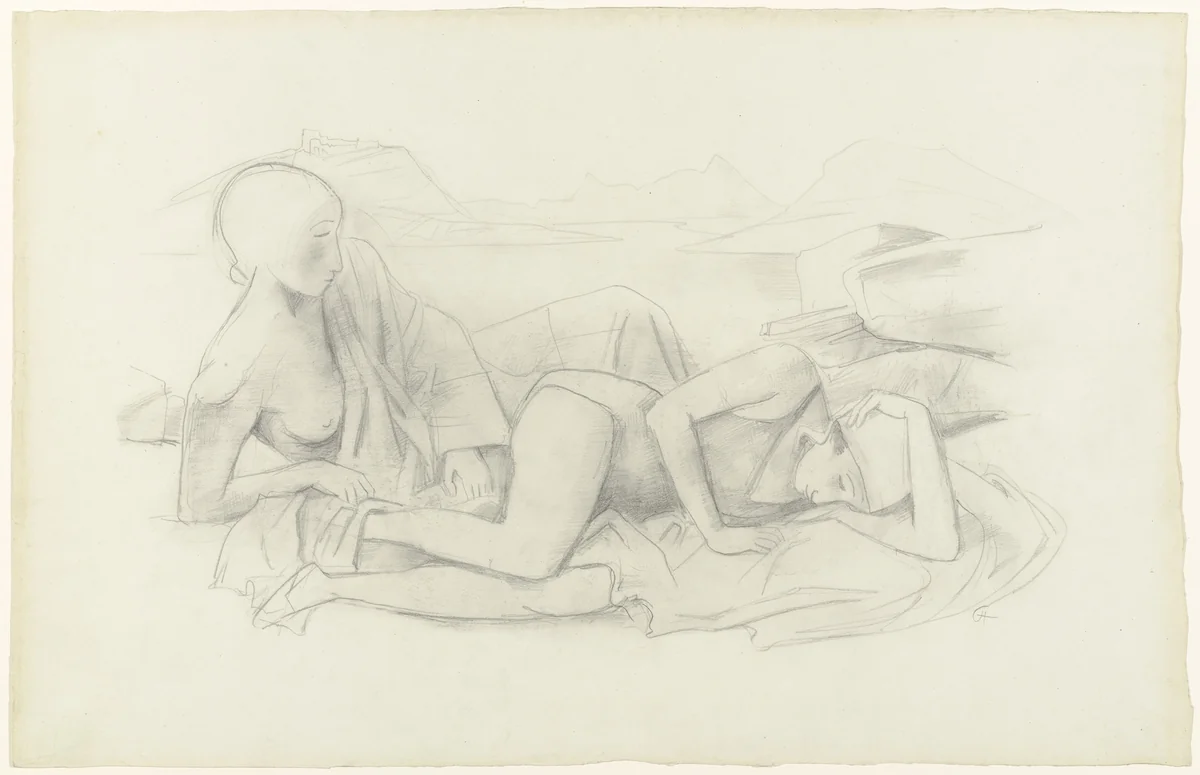 Two Women by the Shore by Karl Hofer, drawing, 1928