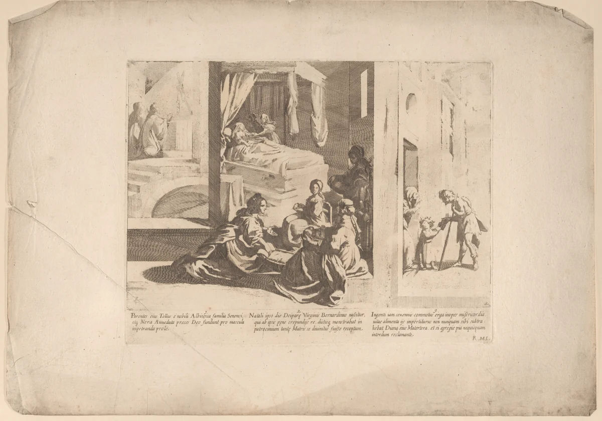Episode 1: Saint Bernardino's parents pray to God for a son; Episode 2: The Birth of Saint Bernardino; Episode 3: The Young Saint Bernardino performs an act of mercy, from "The Life of Saint Bernardino of Siena" by Bernardino Capitelli, print, 1610-1639