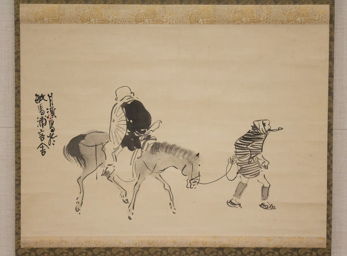 Monk Renshō Riding His Horse Backwards by Matsumura Goshun, painting, 1782-1784
