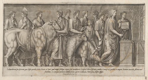Sacrifice on the Campus Martius, from "Speculum Romanae Magnificentiae" by anonymous, print, 1553