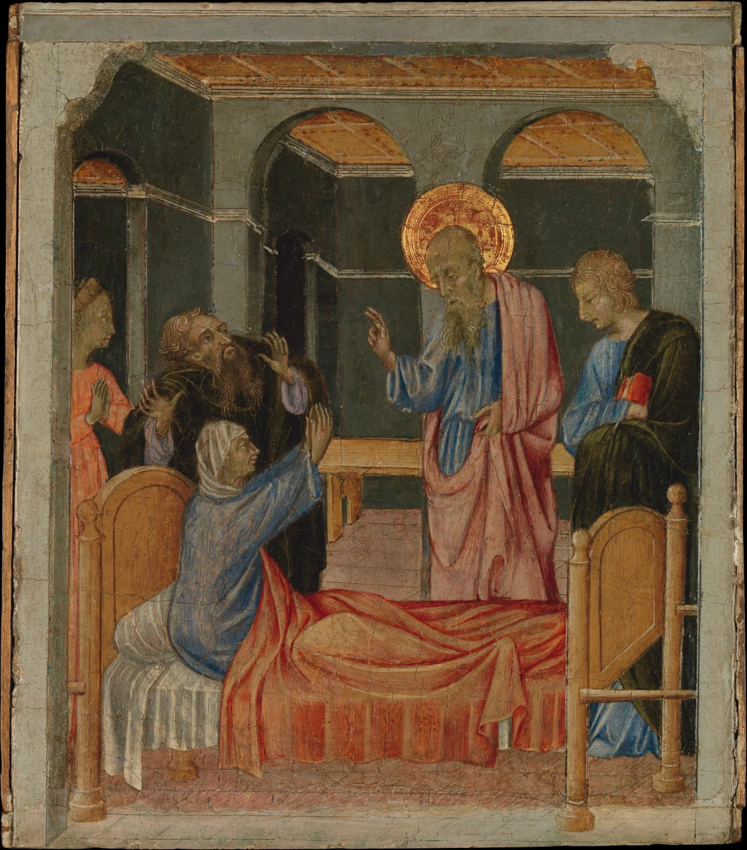 Saint John the Evangelist Raises Drusiana by Giovanni di Paolo, painting, 1457-1463