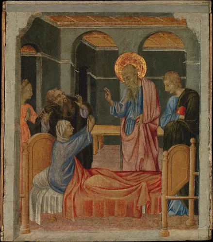 Saint John the Evangelist Raises Drusiana by Giovanni di Paolo, painting, 1457-1463