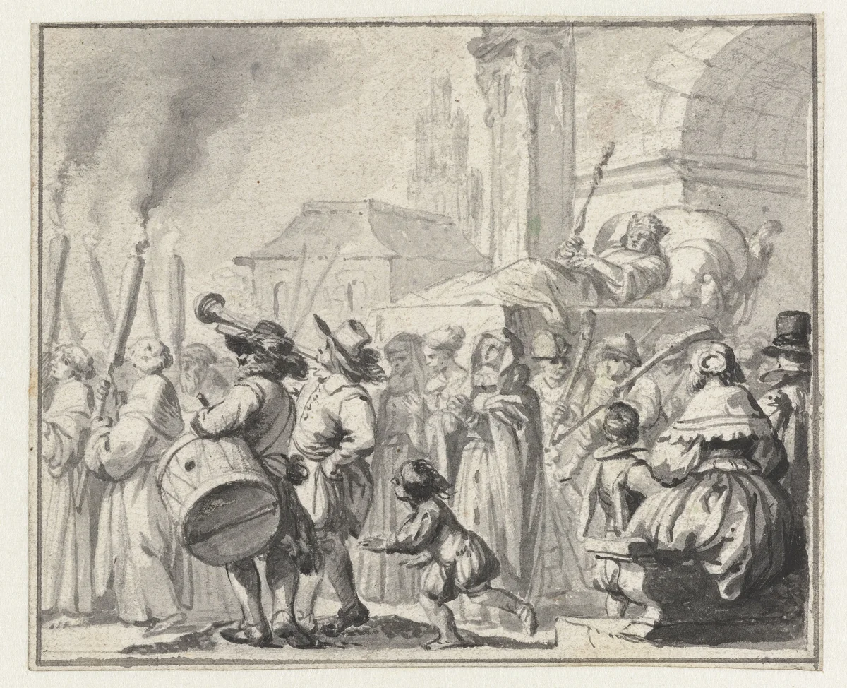 Lijkstoet van een vorst by Ludolf Bakhuysen, drawing, 1641-1708