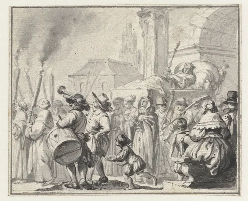 Lijkstoet van een vorst by Ludolf Bakhuysen, drawing, 1641-1708