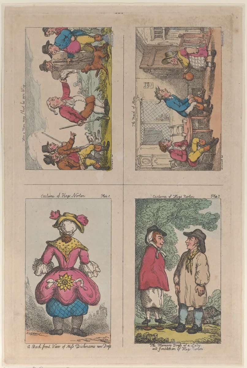 Costume of Hogs Norton, How a Man May Shoot His Own Wig, and The Maid of Mim by Thomas Rowlandson, print, 1809