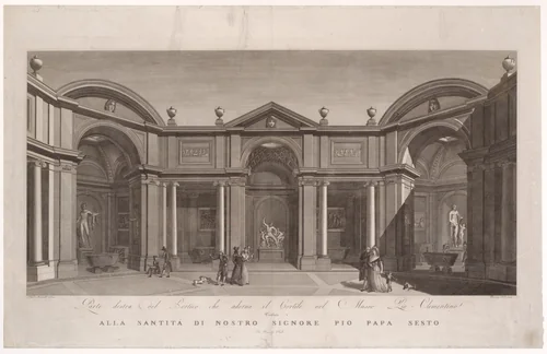 Right side of the portico in the courtyard of the Museo Pio-Clementino, from 'Veduta generale in prospettiva del cortile nel Museo Pio-Clementino' by Vicenzo Feoli, print, 1785-1827