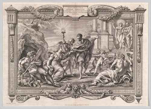 Annibale Carracci Introduces Painting to Apollo and Minerva by Pietro Aquila, print, 1674
