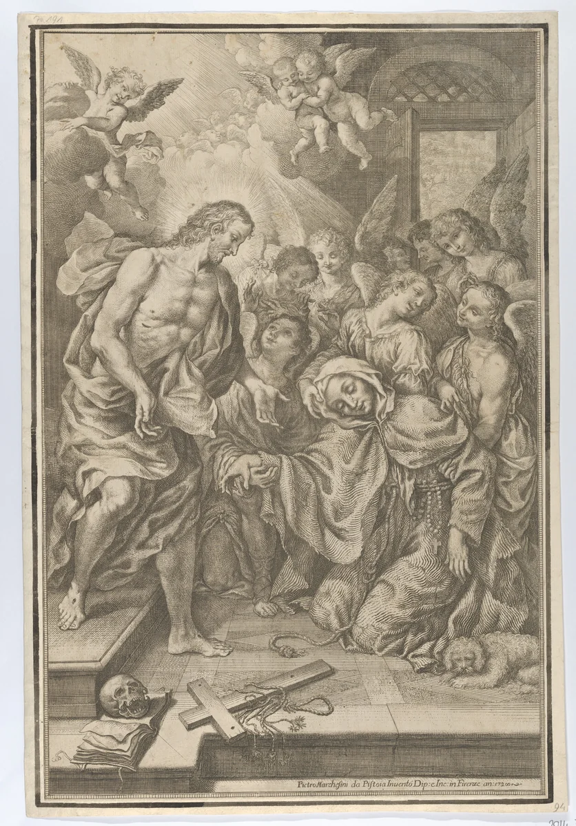 Christ appearing to Saint Margaret of Cortona by Pietro Marchesini, print, 1728