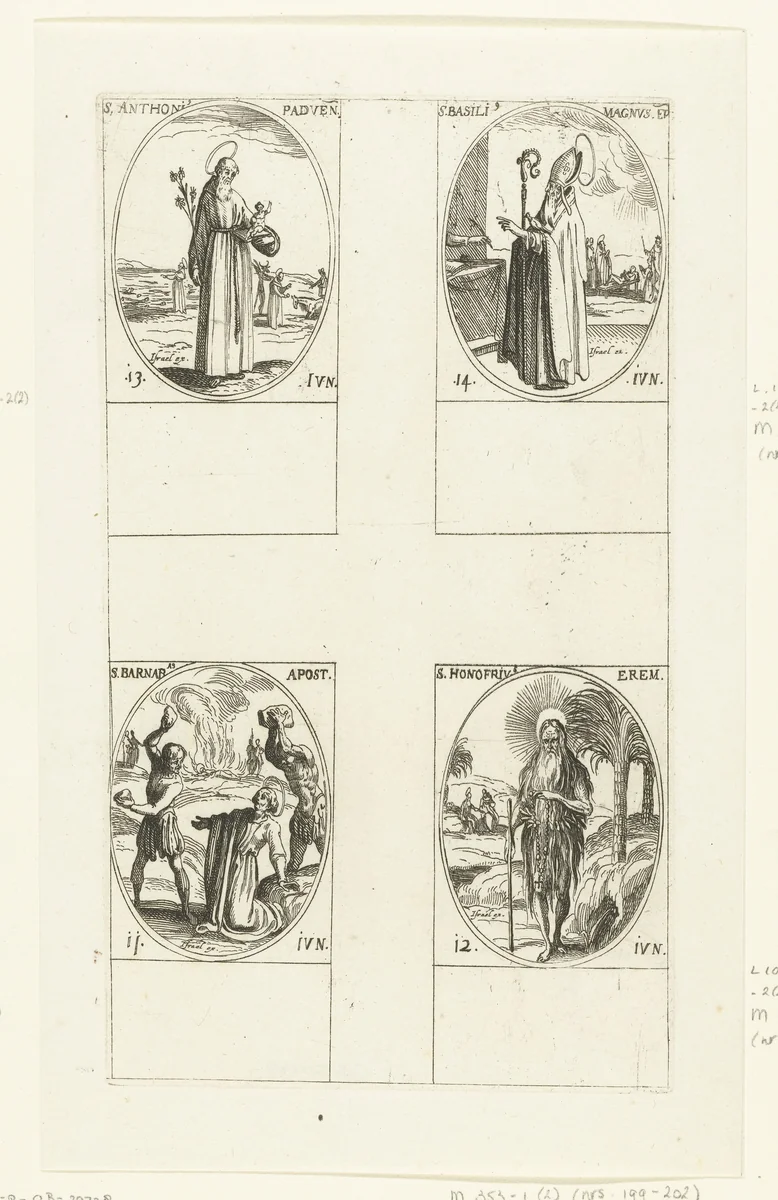 Heilige Barnabas van Cyprus, Heilige Onyphrius de Grote, Heilige Antonius van Padua, Heilige Basilius de Grote (11-14 juni) by Jacques Callot, print, 1632-1636