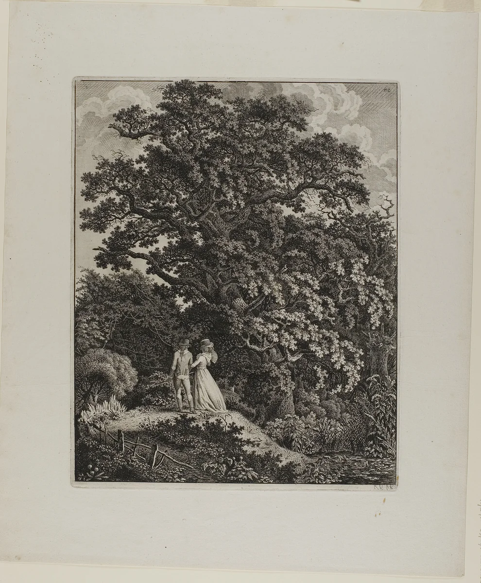 Woodland Landscape with an Elegant Couple Walking Beneath an Oak by Carl Wilhelm Kolbe, print, 1815-1825