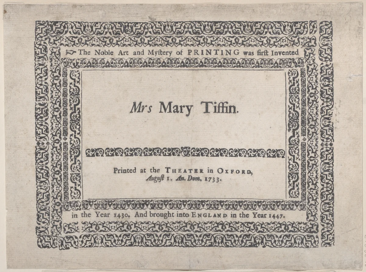 Trade Card for the Theater in Oxford by anonymous, print, 1700-1800