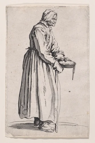 La Mendiante a la Sébille (The Female Beggar with the Begging Bowl), from "Les Gueux suite appelée aussi Les Mendiants, Les Baroni, ou Les Barons" (The Beggars, also called the Barons) by Jacques Callot, print, 1618-1628