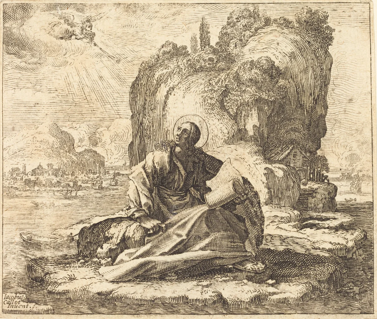Saint John on the Isle of Patmos by François Collignon; Jacques Callot, print, 1609-1657