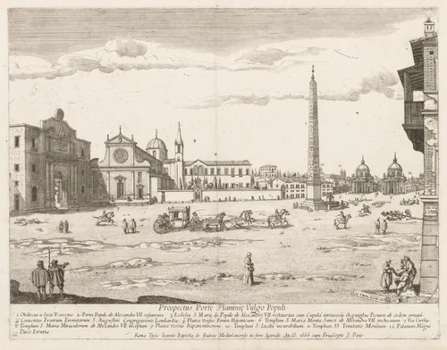 Piazza del Popolo from "Prospectus Locurum Urbis Romae Insign[ium]" by Lievin Cruyl, print, 1666