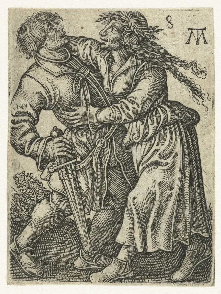 Dansend boerenpaar by Unknown, print, 1542