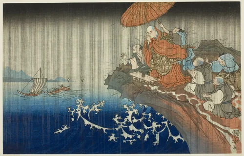Praying for Rain at Ryozengasaki in Kamakura, 1271 (Bun'ei hachi Kamakura Ryozengasaki ame inoru), from the series "Concise Illustrated Biography of the Great Priest [Nichiren] (Koso go ichidai ryakuzu)" by Utagawa Kuniyoshi (歌川國芳), print, 1825-1840