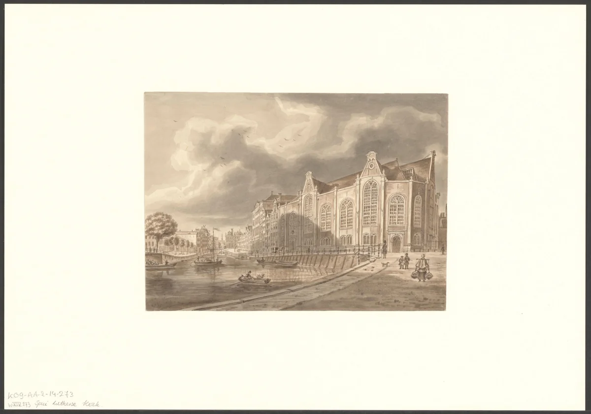 Gezicht op het Spui gezien naar de Oude Lutherse Kerk by Augustus Wijnantz, drawing, 1805-1848