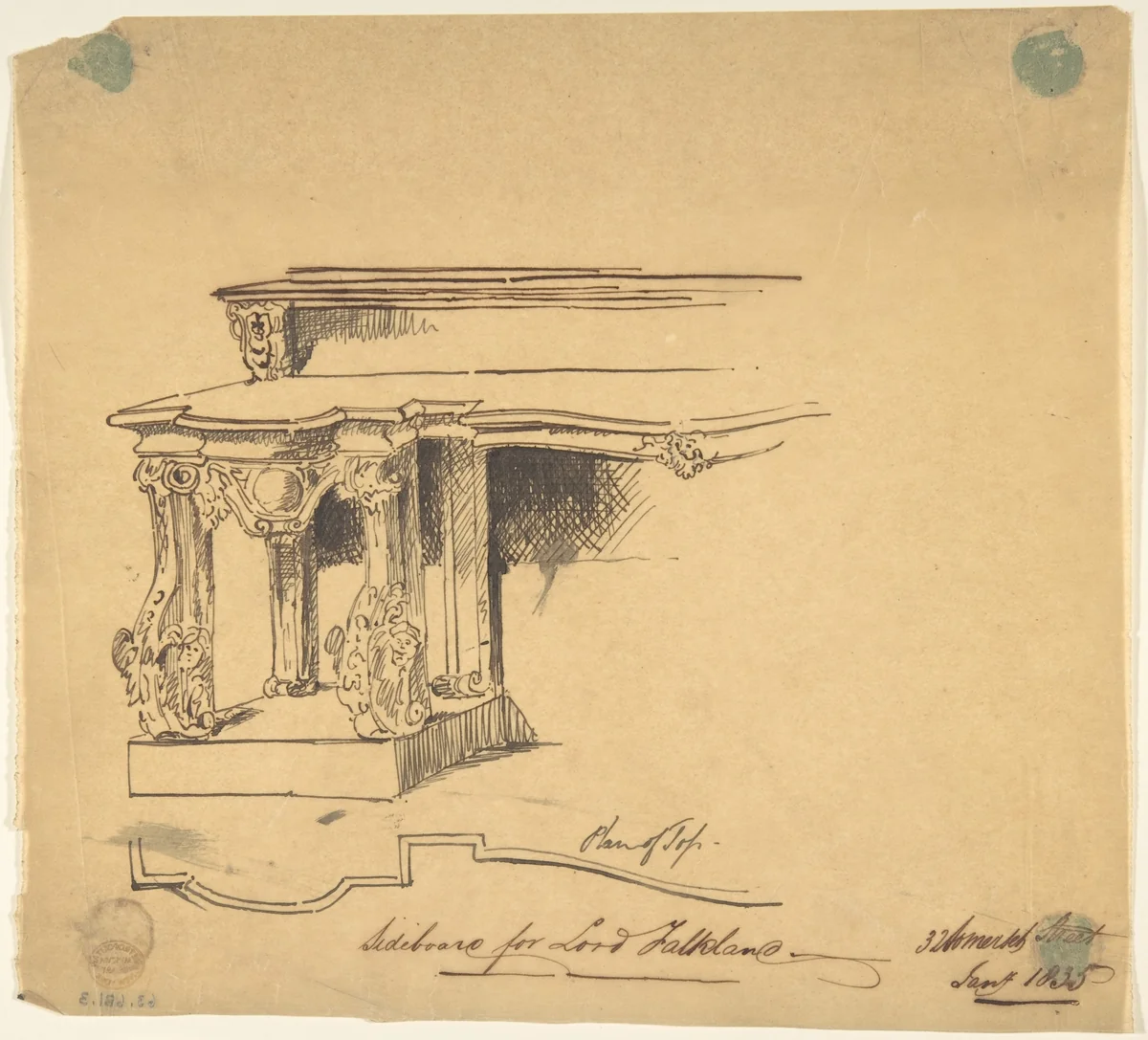 Design for Sideboard for Lord Falklane at Skutterskelfe, Yorkshire by Anthony Salvin, drawing, 1835
