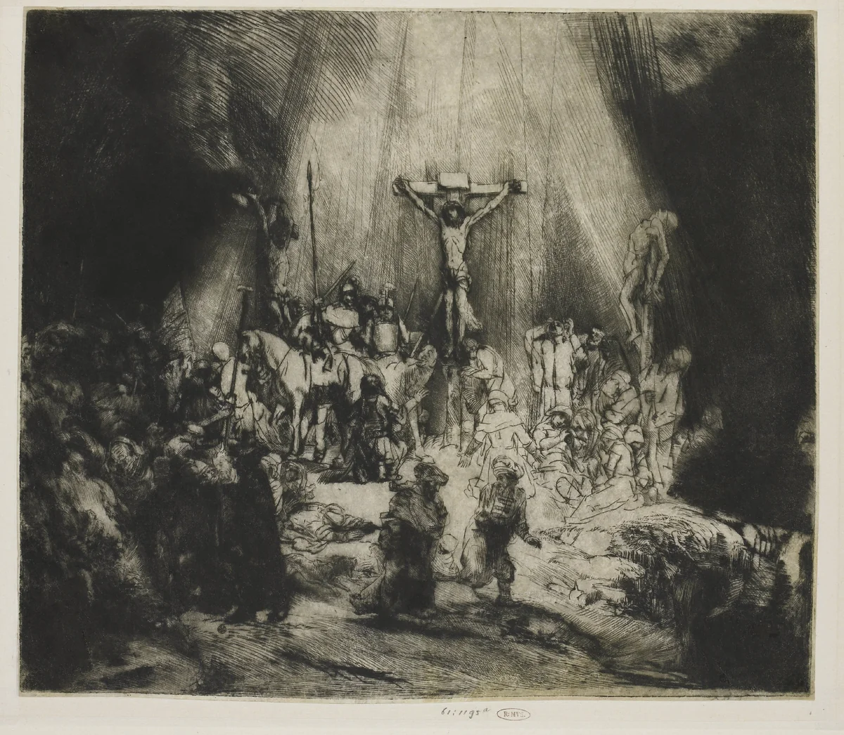 Christ Crucified between the two Thieves: 'The Three Crosses' by Rembrandt van Rijn, print, 1653