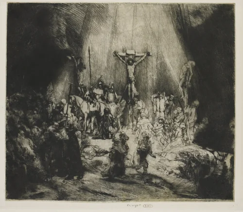 Christ Crucified between the two Thieves: 'The Three Crosses' by Rembrandt van Rijn, print, 1653