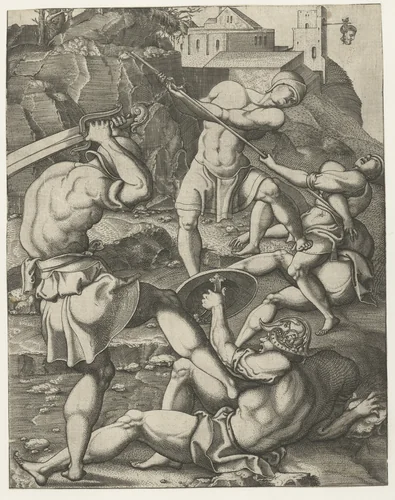Gevecht tussen vijf romeinse soldaten by Monogrammist AC, print, 1520-1562