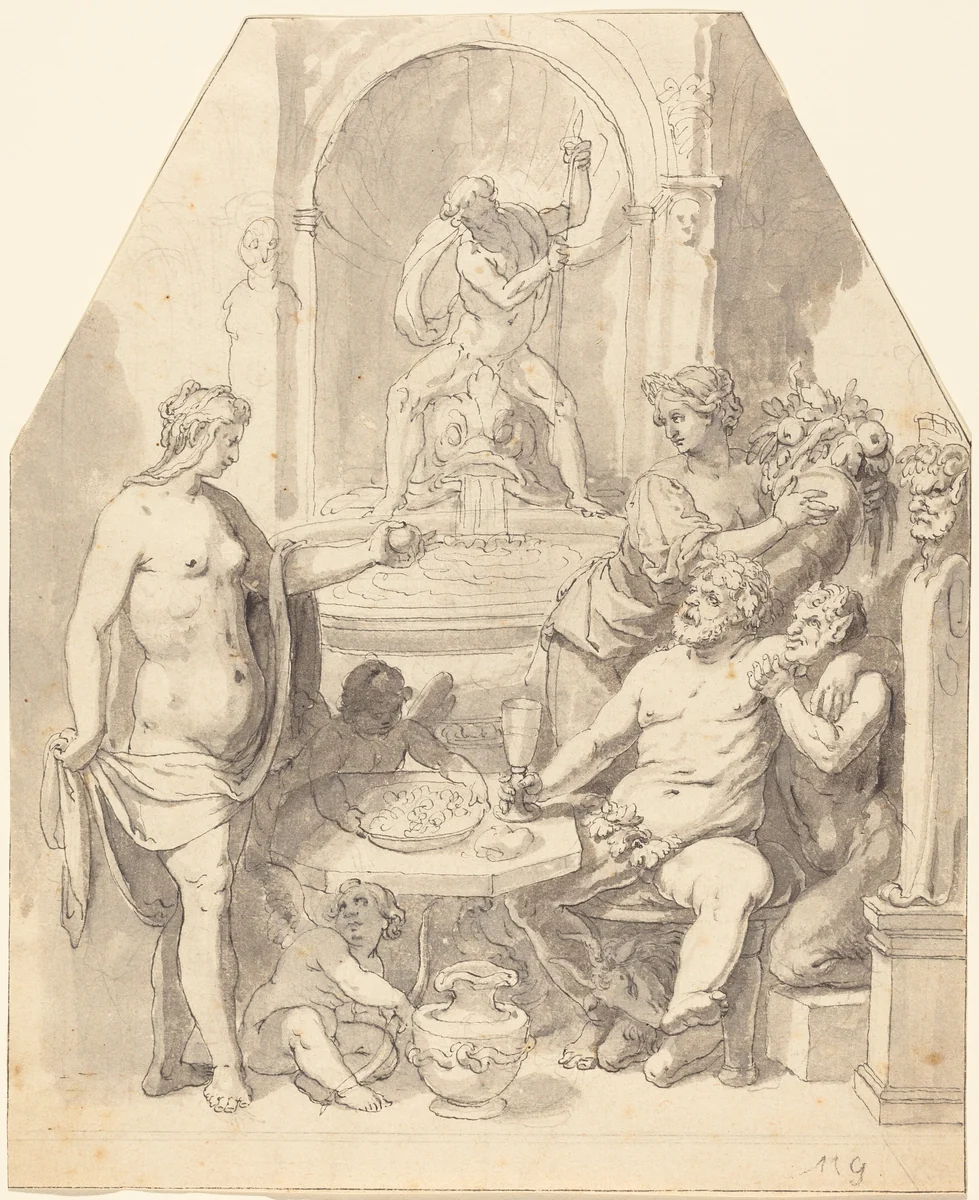 Without Ceres and Bacchus, Venus Freezes by Johann Matthias Kager, drawing, 1590-1603