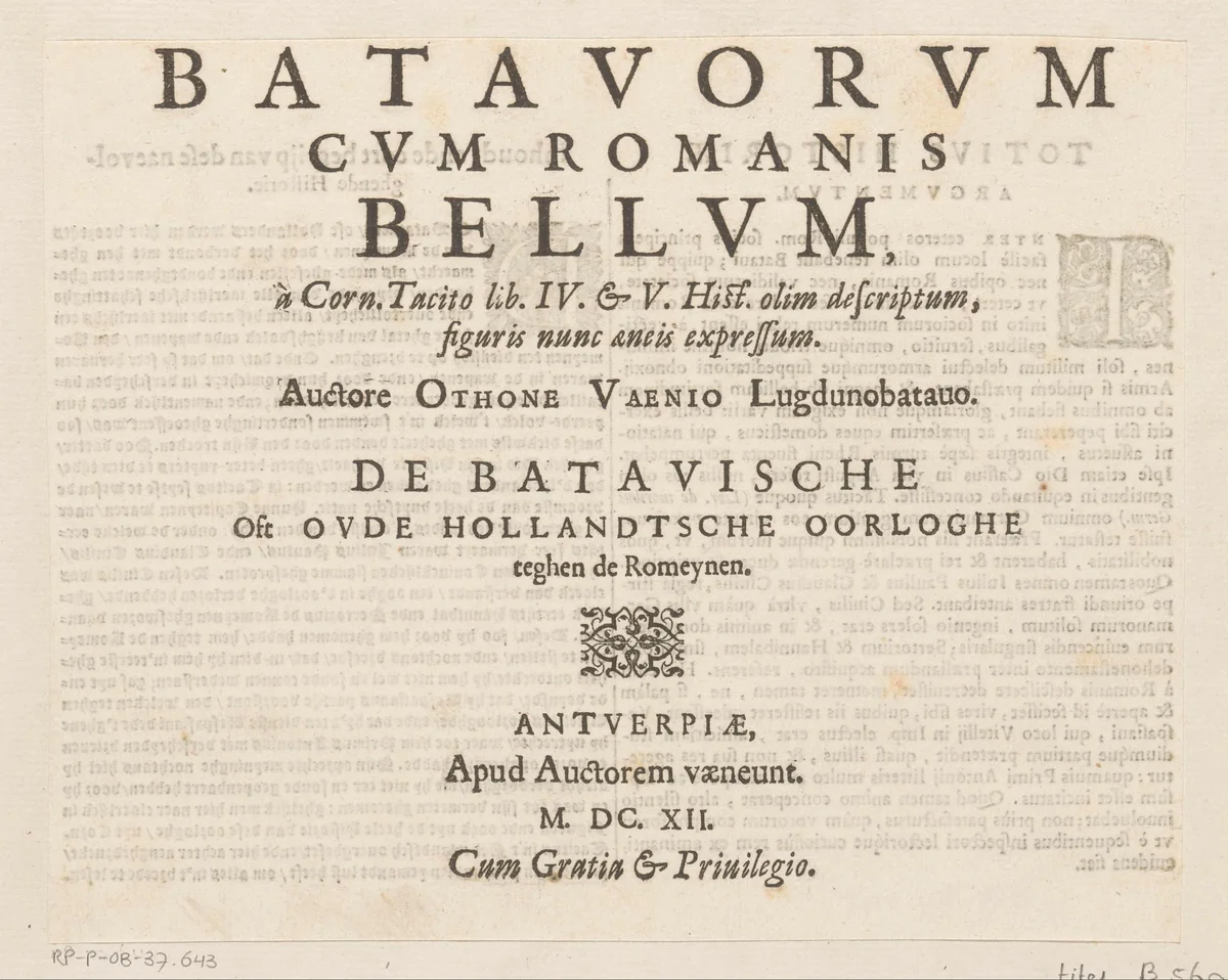 Titelprent van De Oorlog van de Romeinen tegen de Batavieren by Antonio Tempesta, print, 1612