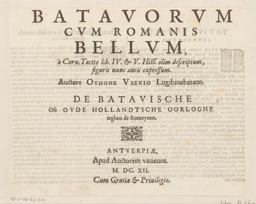 Titelprent van De Oorlog van de Romeinen tegen de Batavieren by Antonio Tempesta, print, 1612