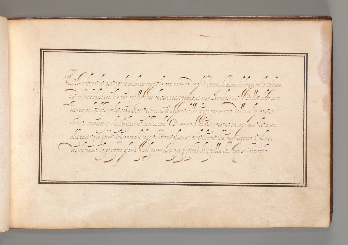 Calligraphic Exercise in Italian (Cursive Script) by anonymous, book, 1600-1625