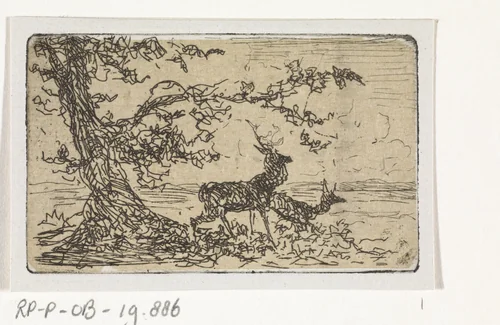 Twee herten onder een boom by Johannes Tavenraat, print, 1863
