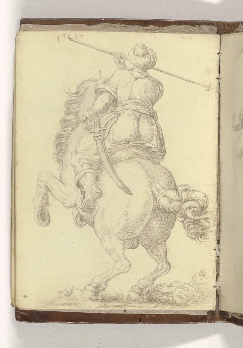 Ruiter met lans, het paard van achteren gezien by anonymous, drawing, 1587