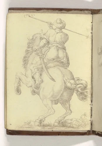 Ruiter met lans, het paard van achteren gezien by anonymous, drawing, 1587