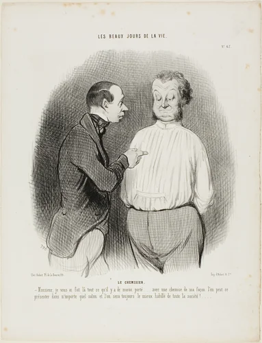 The Shirt Maker. “Sir, I have tailored here for you the best that is presently available..... with a shirt of my making one can present oneself in no matter what Salon and one will always be the best dressed man of the party,” plate 67 from Les Beaux Jours De La Vie by Honoré-Victorin Daumier, print, 1845