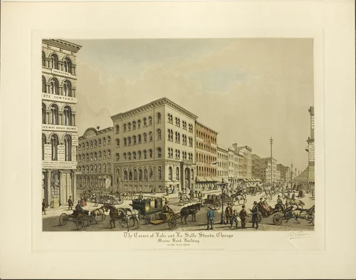 Corner of Lake and La Salle Streets, Chicago, Marine Bank Building in the Year 1864 by Raoul Varin, print, 1927