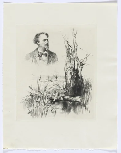 Frédéric Mistral: Mémoires et Recits by Frédéric Mistral: bust of a man and landscape with child (insert between p. 16-17) by Auguste Brouet, other, 1937