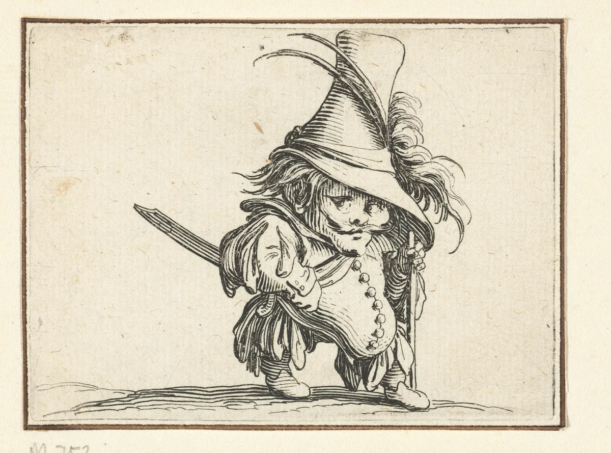 Kleine mens (karikatuur) met zwaard en wandelstok by Jacques Callot, print, 1621-1625
